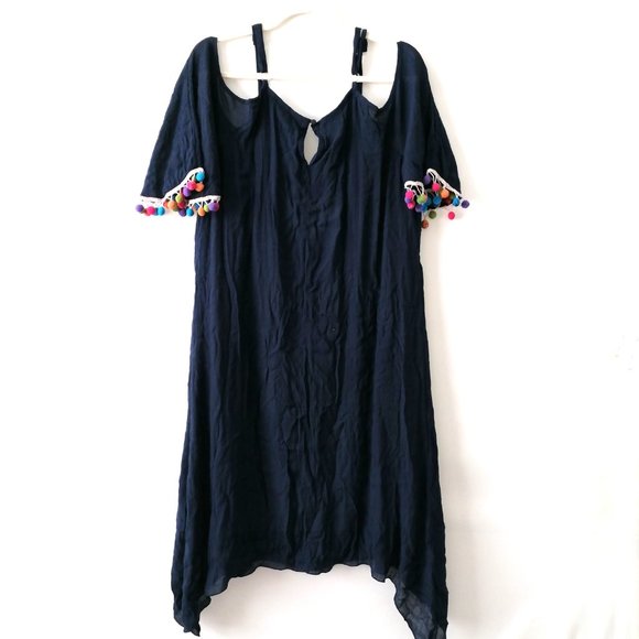 Mlle Gabrielle Womens Blue Cold Shoulder Peasant Pom-Pom Boho Dress Size 1X - Picture 4 of 7